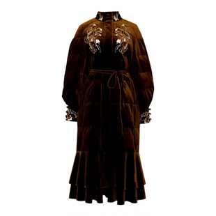 2025冬季新款时尚气质立领灯笼袖收腰荷叶边刺绣丝绒羽绒服外套女