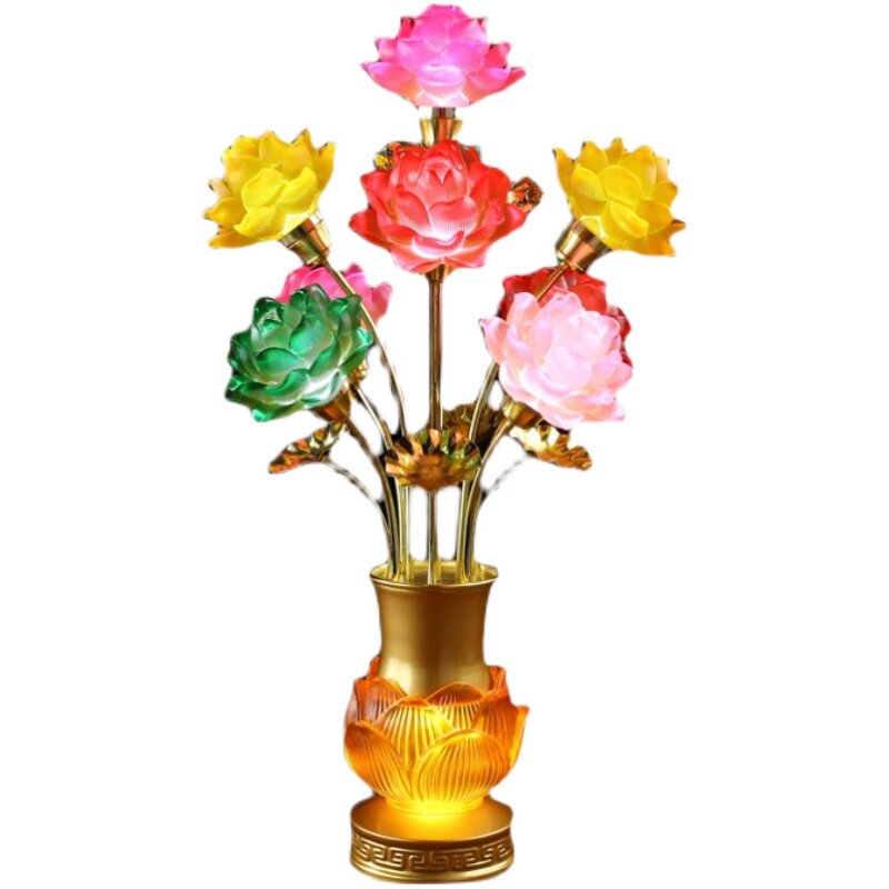led七彩琉璃莲花灯佛前供灯佛堂观音菩萨供奉长明灯家用九品插电