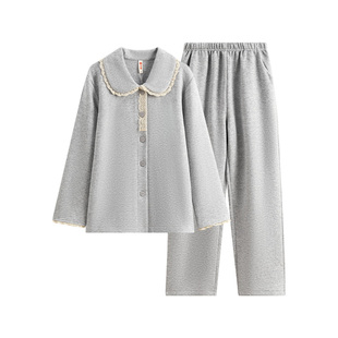 芬腾睡衣女空气棉夹层秋冬纯棉长袖套装春秋三层加厚加大码家居服