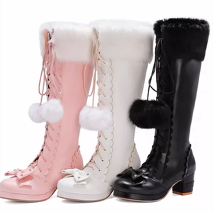 34-45大码秋冬洛丽塔lo萝莉长靴雕花嫁古早蝴蝶结汉服学生高跟女