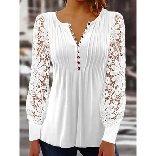 E 50271 Lace Hollow Out Long Sleeve V Neck T-Shirt蕾丝镂空T