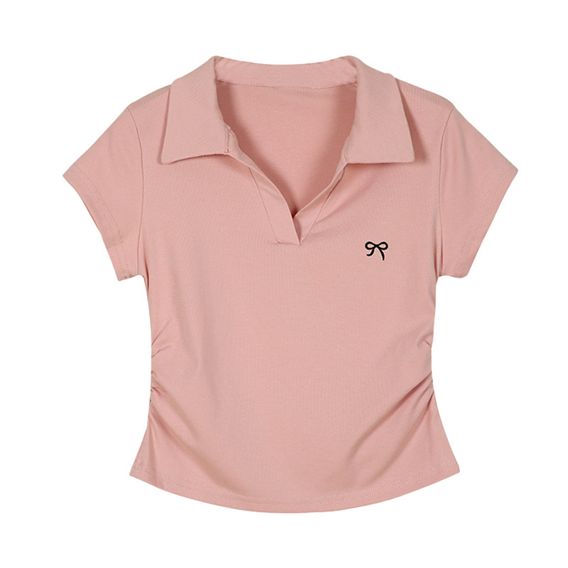 时尚辣妹Polo领正肩短袖女t恤夏韩版褶皱收腰学院风减龄显瘦上衣