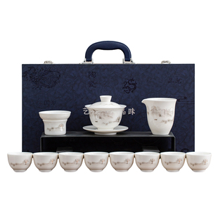 羊脂玉瓷三才盖碗茶杯高端功夫茶具套装大号精品陶瓷整套茶具送礼