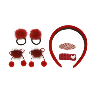 新年礼盒!黄小妞新年宝宝发卡 女童发绳儿童发箍酒红皮筋组合