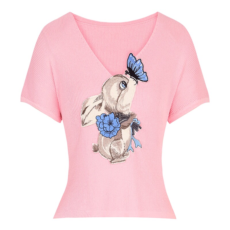 妖精的口袋白色贴布绣v领短袖针织衫女2026夏季新款修身显瘦上衣