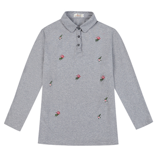 中年妈妈翻领高端2025新款纯棉长袖t恤女宽松品牌外穿特大码上衣