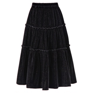 女童长款半身裙冬装2025新款儿童巨好看丝绒蛋糕裙子大童冬季黑色