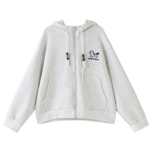 女大童空气棉连帽开衫2026春季新款初中生小马刺绣小短款卫衣外套