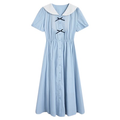 紫涵撞色海军领连衣裙女夏季新款甜美减龄蓝色中长款a字裙航海系