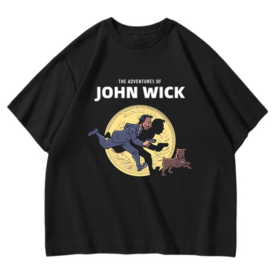 Johnwick 疾速追杀美式潮流落肩水洗印花趣味T恤男女百搭宽松短袖