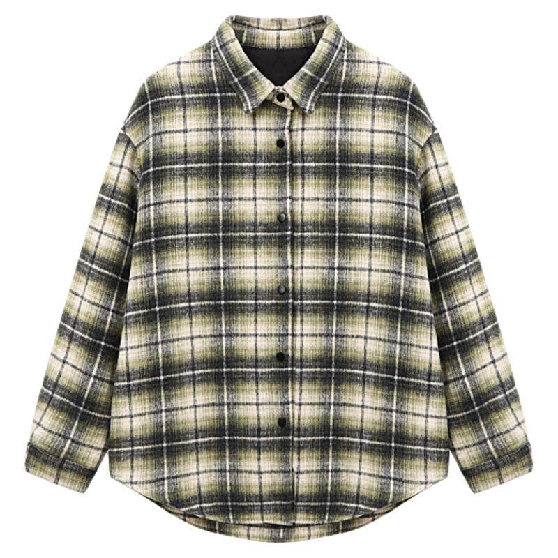 Basic House/百家好polo领绿格加厚棉服女冬季小众设计保暖外套
