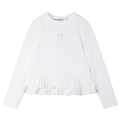 【云梦芭蕾】20莱赛尔70棉蝴蝶结烫钻T恤蛋糕花边长袖女童新款