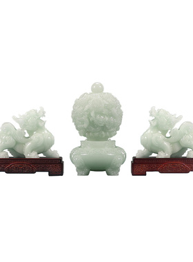 玉石貔貅鼎摆件三件套高端装饰品