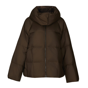 XINSILU新思路女装专柜冬装时尚深咖色立领连帽宽松短款女羽绒服