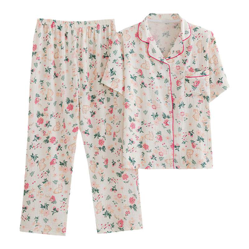 纯棉纱布碎花大码睡衣套装夏秋女