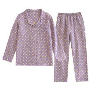 新款纯棉双层纱布睡衣女春秋双面提花复古长袖套装宽松大码家居服