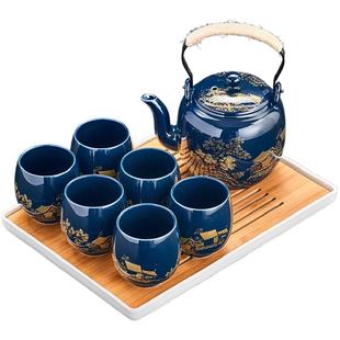 黑釉中式功夫茶具套装家用大号复古霁兰办公室泡茶壶茶杯提梁陶瓷