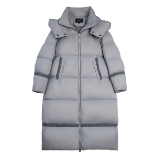 【自营】ELLE90白鸭绒灰色连帽长款羽绒服女2025冬高充绒保暖外套