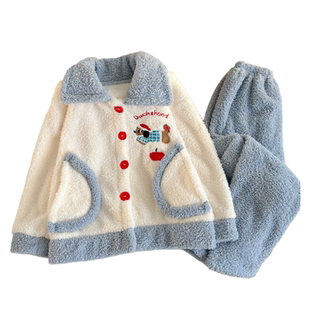 儿童睡衣女孩冬季2025新款女大童半边绒家居服女童秋冬珊瑚绒套装