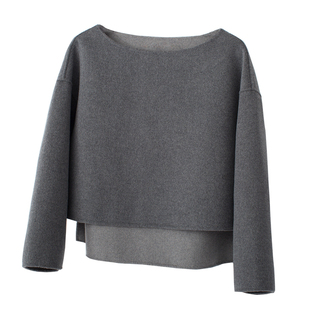 原隐高端复古设计一字领小个子双面灰极简卫衣女款秋毛呢短款外套