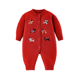 韩版冬季宝宝红色连体衣超萌针织加绒外出爬爬服满月婴儿新年衣服