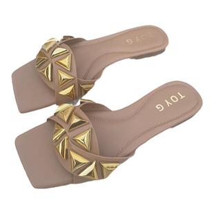 Z家同款铆钉交叉一字拖鞋女平底凉拖显瘦方头露趾凉拖外贸大码鞋