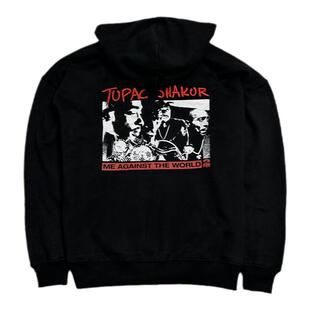 西海岸说唱歌手 美式2PAC连帽加绒卫衣 刺绣落肩袖大版袋鼠兜外套