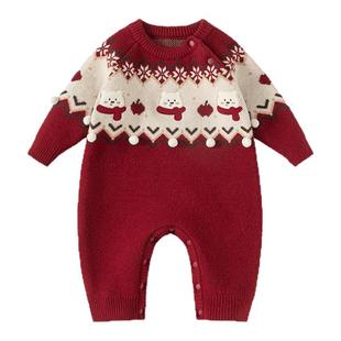 婴儿毛衣连体衣冬季新款宝宝红色衣服女宝加厚秋冬婴幼儿针织冬装