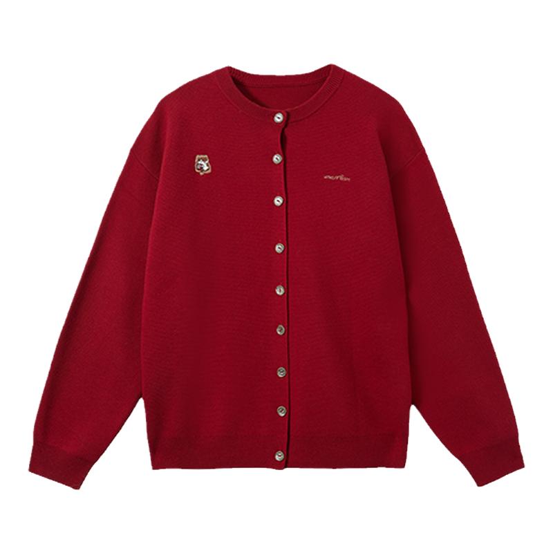 UMAMIISM招财猫早春慵懒风红色含羊毛绞花针织修身圆领毛衣开襟衫