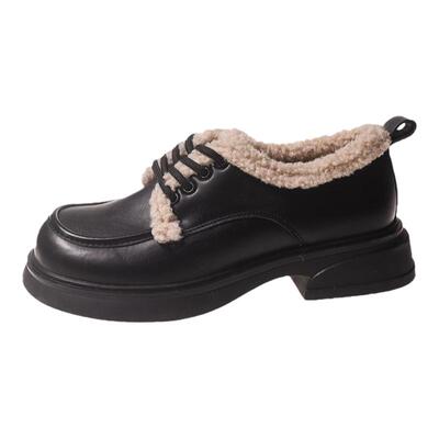 星期六棉麻真皮复古保暖小皮鞋