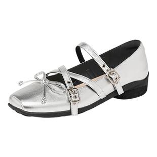 红蜻蜓芭蕾单鞋女春季新款女鞋皮鞋舒适软底法式运动银色玛丽珍鞋