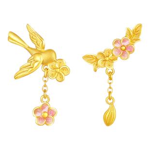 周大生十二花神联名|黄金耳钉女足金喜上眉梢珐琅喜鹊小花朵耳饰