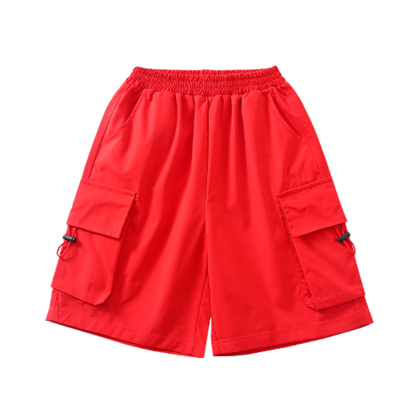 红色运动短裤男童工装女童儿童街舞裤子大童夏外穿hiphop穿搭宽松