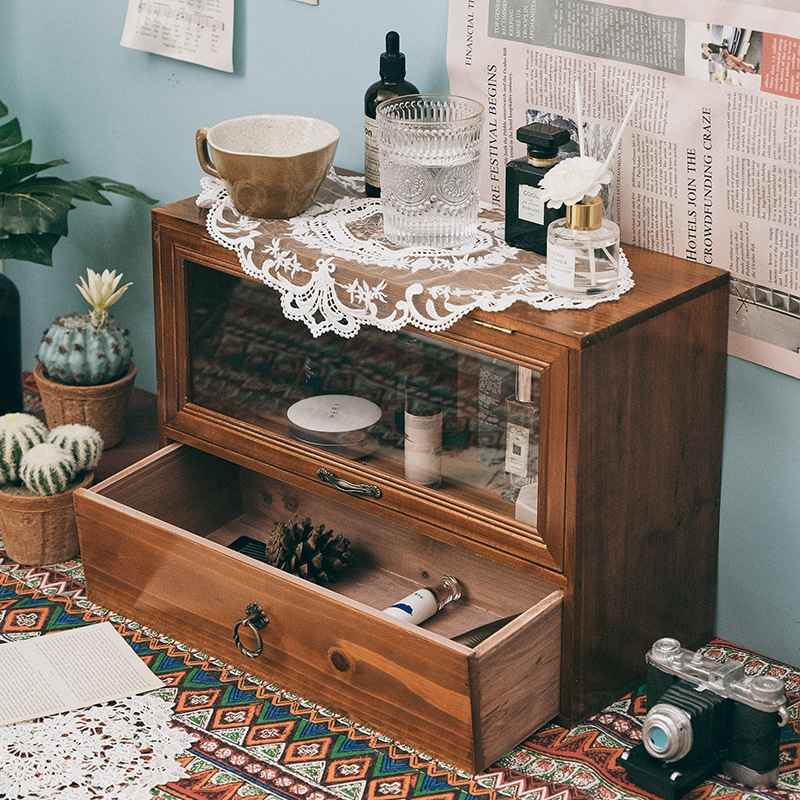 复古装饰桌面收纳盒带抽屉式化妆品组合高低木质柜置物架盒储物