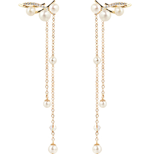 天然珍珠S家水晶银针耳环进口14K包金优雅气质飘逸长款流苏耳坠女