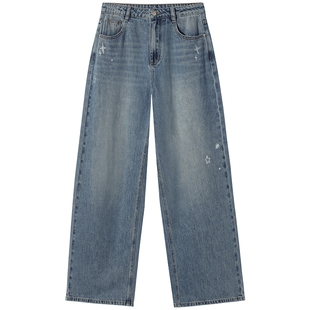 热风女士阔腿牛仔裤2026年春季新款星星印花牛仔裤宽松显瘦长裤