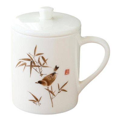 花鸟图案白瓷大号个人办公杯水杯