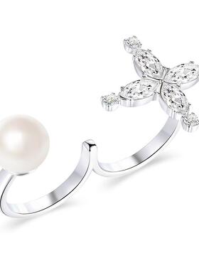 JOOMiLiM茱蜜波姆十字星宝石奥莎水晶仿珍珠开口双指戒女时尚高级