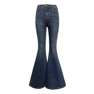 杨杨 复古港风深蓝色大喇叭牛仔裤女春秋高个子紧身提臀弹力长裤