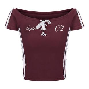 辣到中暑夏季美式辣妹露肩绑带短款T恤修身显瘦运动风条纹上衣ins