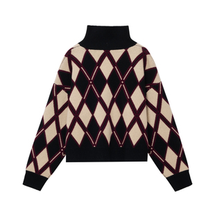 PRE PREWORKS25年秋冬复古学院风 菱格撞色高领100%羊毛针织毛衣
