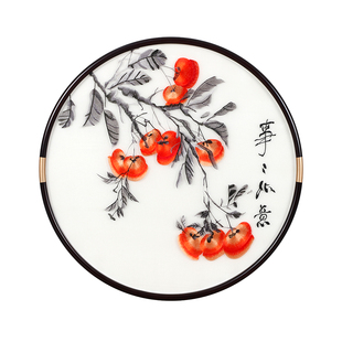 新中式圆形装饰山水挂画手工苏绣成品刺绣入户玄关走廊过道高级感
