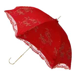 婚喜庆结婚用红雨伞大红色蕾丝边女方出嫁长柄红伞复古创意新娘伞