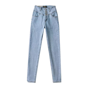 秋冬新品 高弹力高腰四排扣牛仔长裤女紧身显瘦a字小脚铅笔裤辣妹