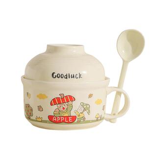 奶油风泡面碗带盖陶瓷大容量方便面碗个人专用学生打饭碗筷套装