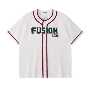FILA FUSION斐乐潮牌情侣款针织短袖外套2024秋新款撞色宽松上衣
