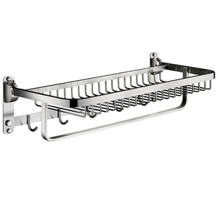 304不锈钢卫生间毛巾架置物架一体浴室免打孔壁挂折叠网篮浴巾架