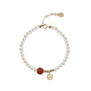 AMO柿柿如意南红玛瑙天然珍珠手链女ins小众设计手串本命年礼物