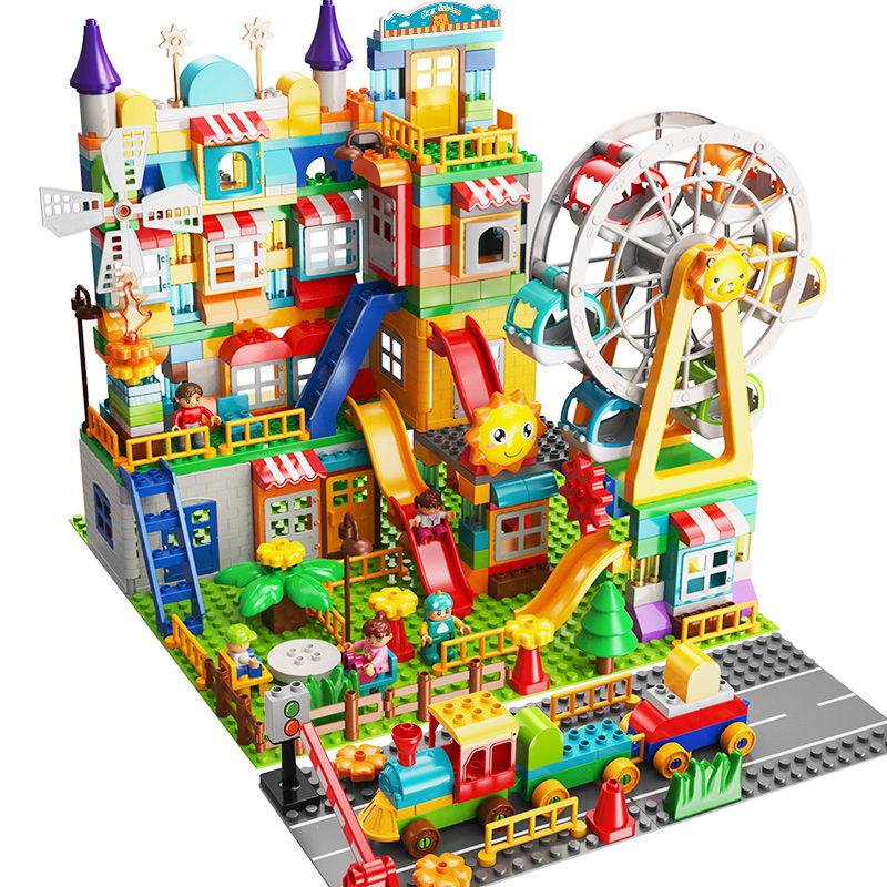 费乐大颗粒积木场景游乐园玩具儿童拼装房子风车城堡摩天轮别墅屋