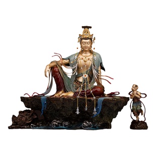 京铜水月观音佛像水月自在观世音菩萨纯铜彩绘贴金童子拜观音摆件